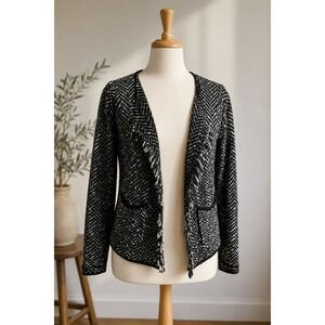 Italian Bouclé Herringbone Knit Open Cardigan XL‎ Black White Frayed Edge